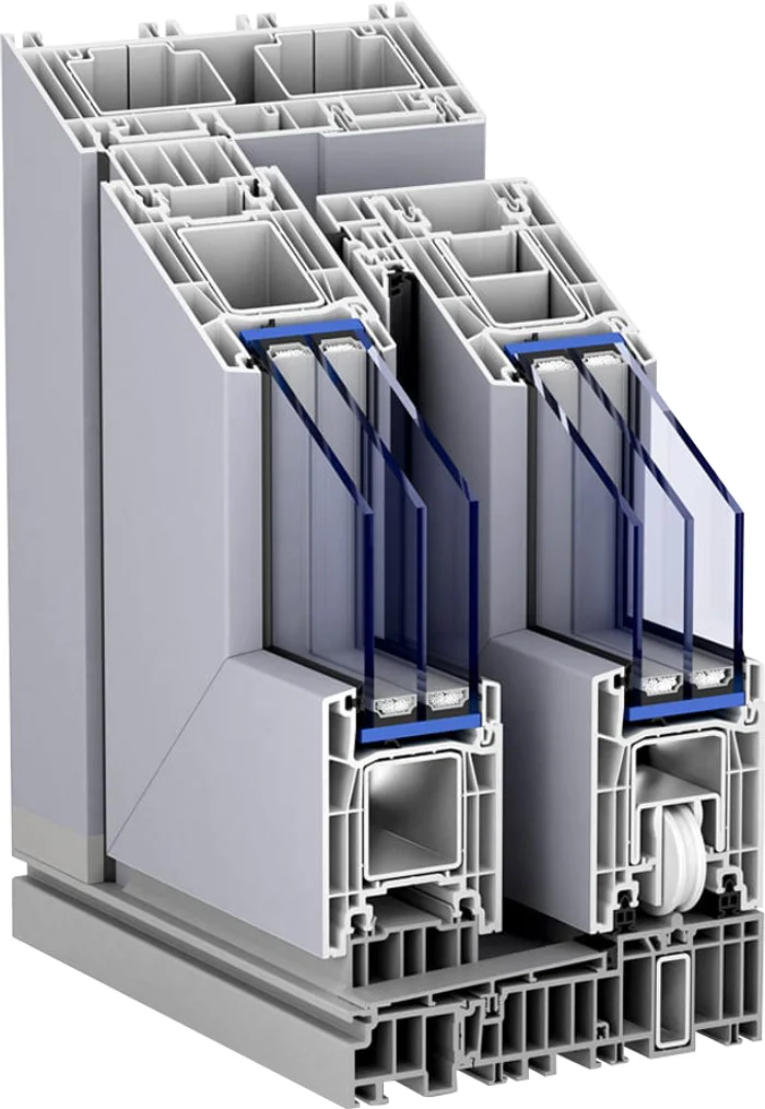 Esquema de sección de una corredera elevable con perfil Kömmerling PremiDoor 76