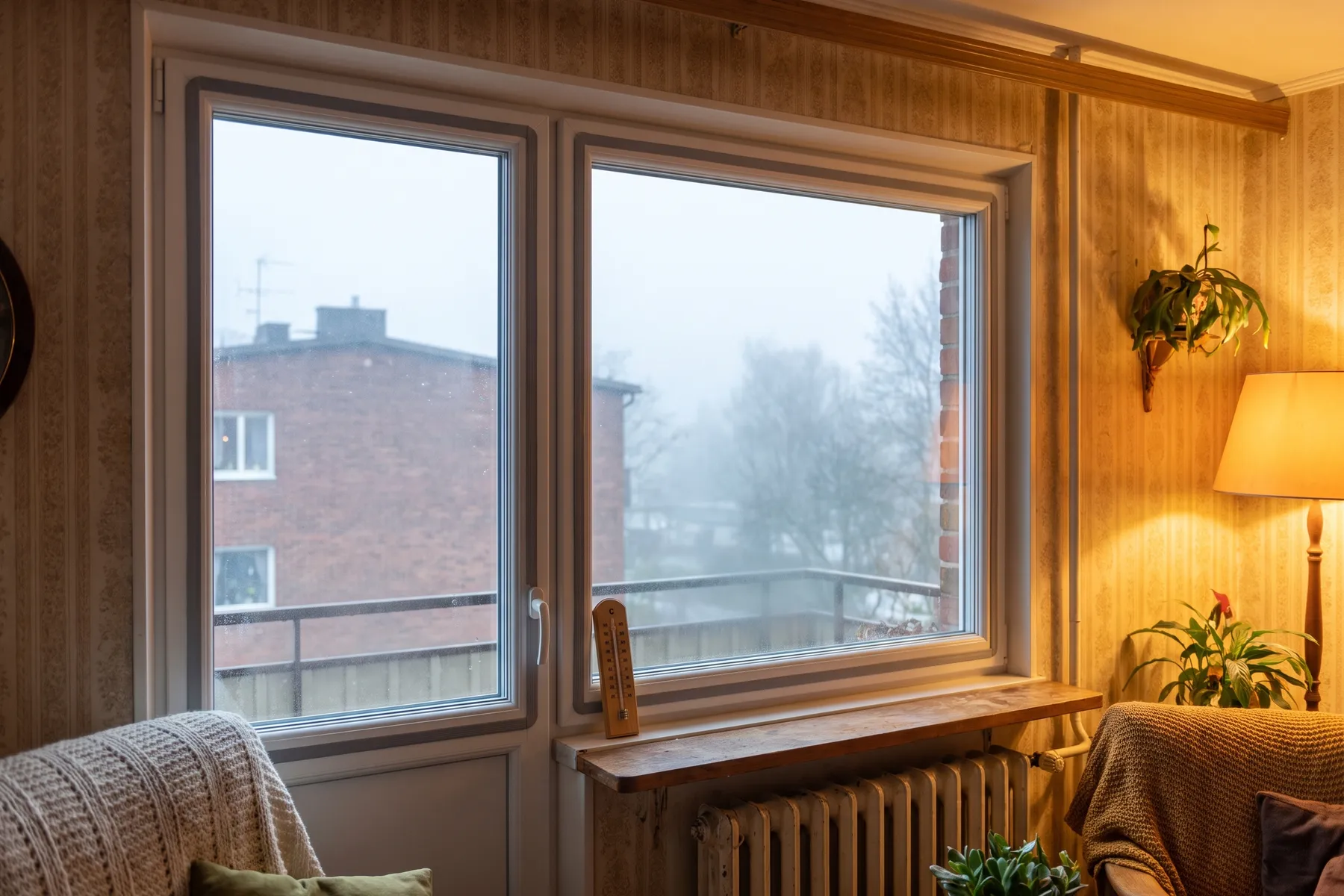 Ventana de PVC con vidrio bajo emisivo en un piso de los setenta. Cambiar el aluminio sin rotura térmica por un conjunto así es de las mejoras de aislamiento que encajan en las ayudas.