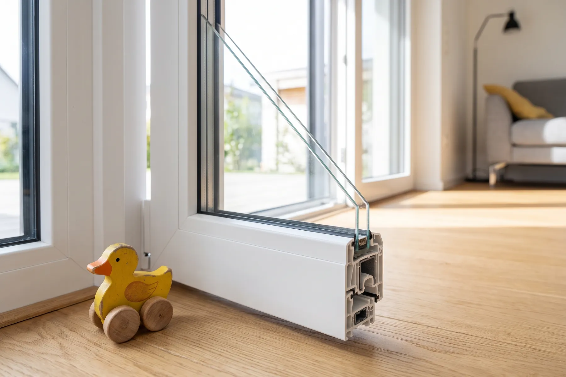 Vidrio laminado de seguridad visto de canto. Todo hueco que llega al suelo lo lleva: si alguien tropieza contra él, la lámina sujeta los trozos.