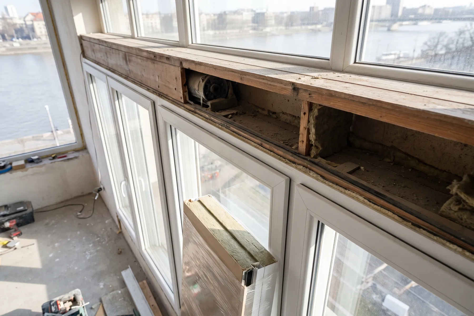 Cajón de persiana de tres metros sobre un ventanal. Si es el cajón hueco de siempre, el ruido entra por encima de la ventana por bien que cierre la elevable.