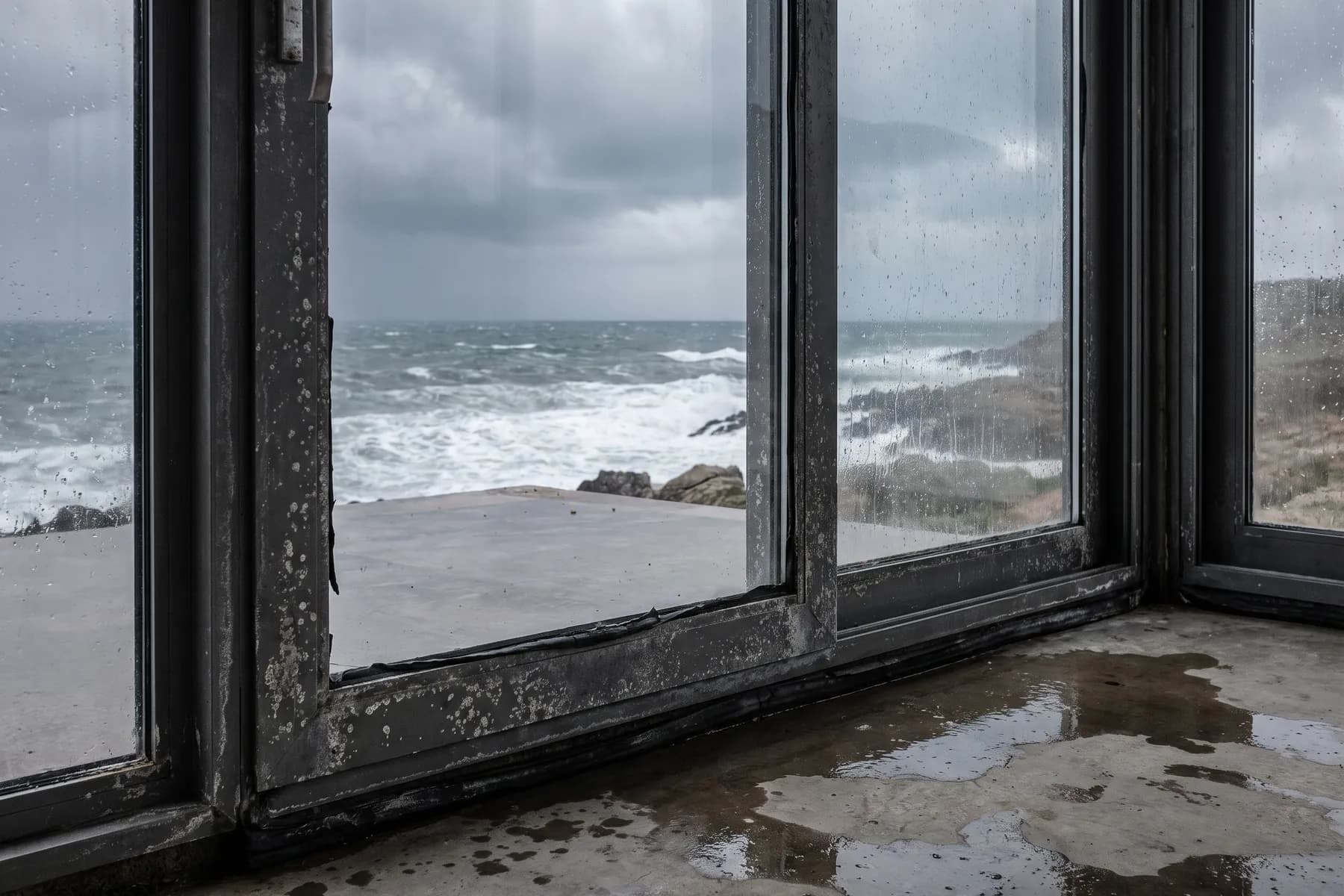 Corredera tradicional de aluminio envejecida frente al mar. Arrastra la junta en cada apertura y, con la lluvia de lado, acaba filtrando: aunque sea más barata, en primera línea no la ponemos.