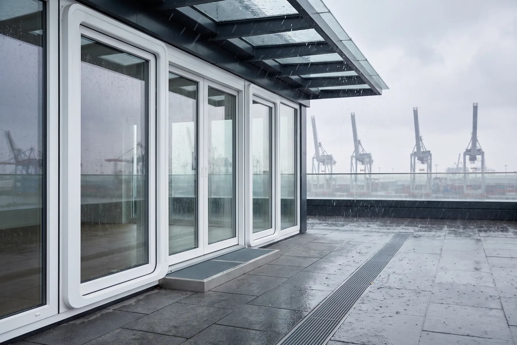 Umbral con un pequeño resalte y protección encima en una terraza expuesta. Donde el agua llega empujada por el viento, un enrasado total no se promete.